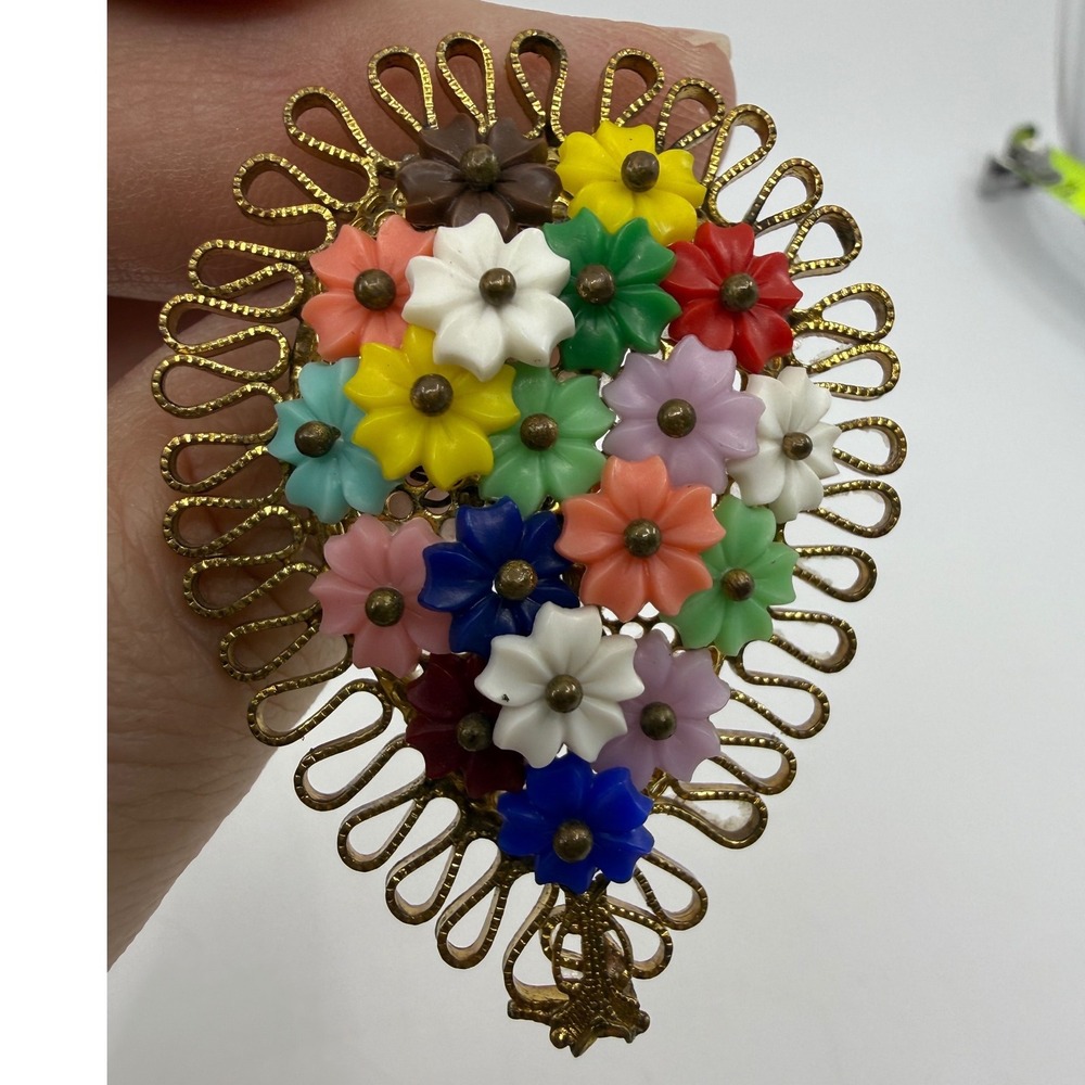 Vintage Multi Color Plastic Flower Dress Clip Gold Tone Filigree Teardrop MCM